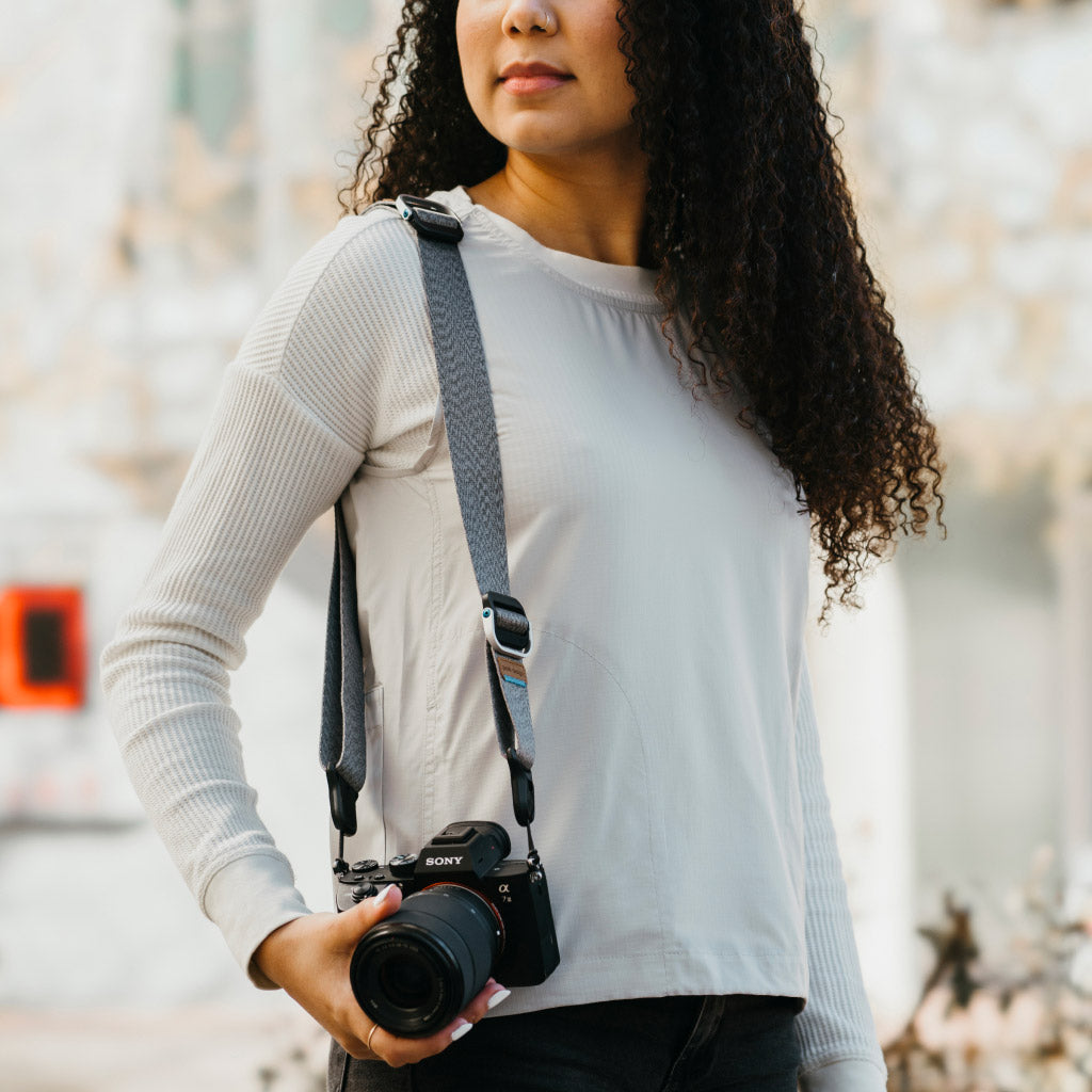 (image), Anne using her Ash Slide Lite with her camera as shoulder carry, SLL-AS-3, ash