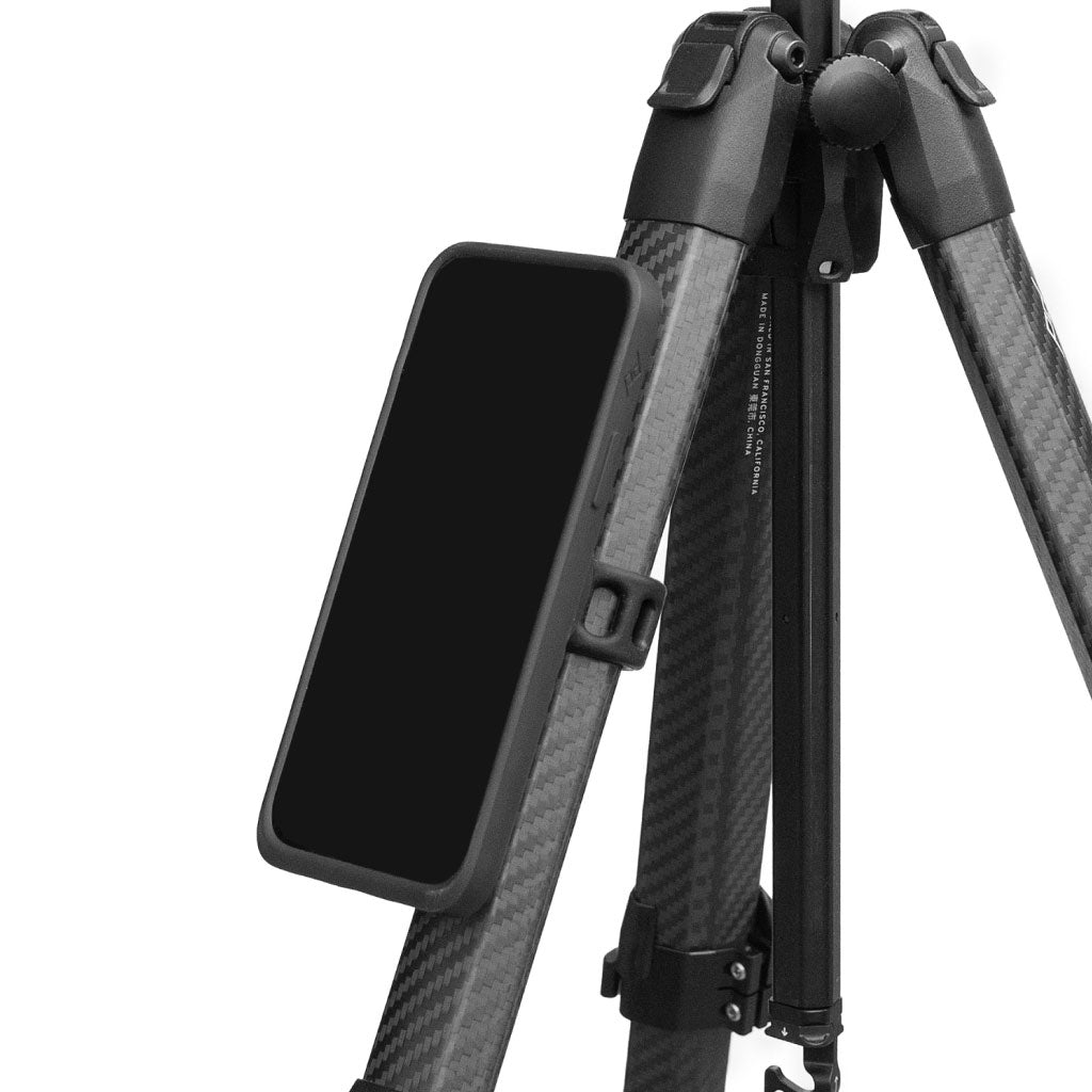 (image), Phone attached on a universal bar mount fasten on a travel tripod leg, M-BM-AB-BK-1