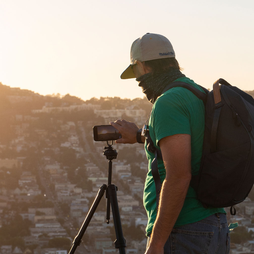 (image), John mounting his phone using a Creator Kit on a Travel Tripod.M-CK-AA-BK-1