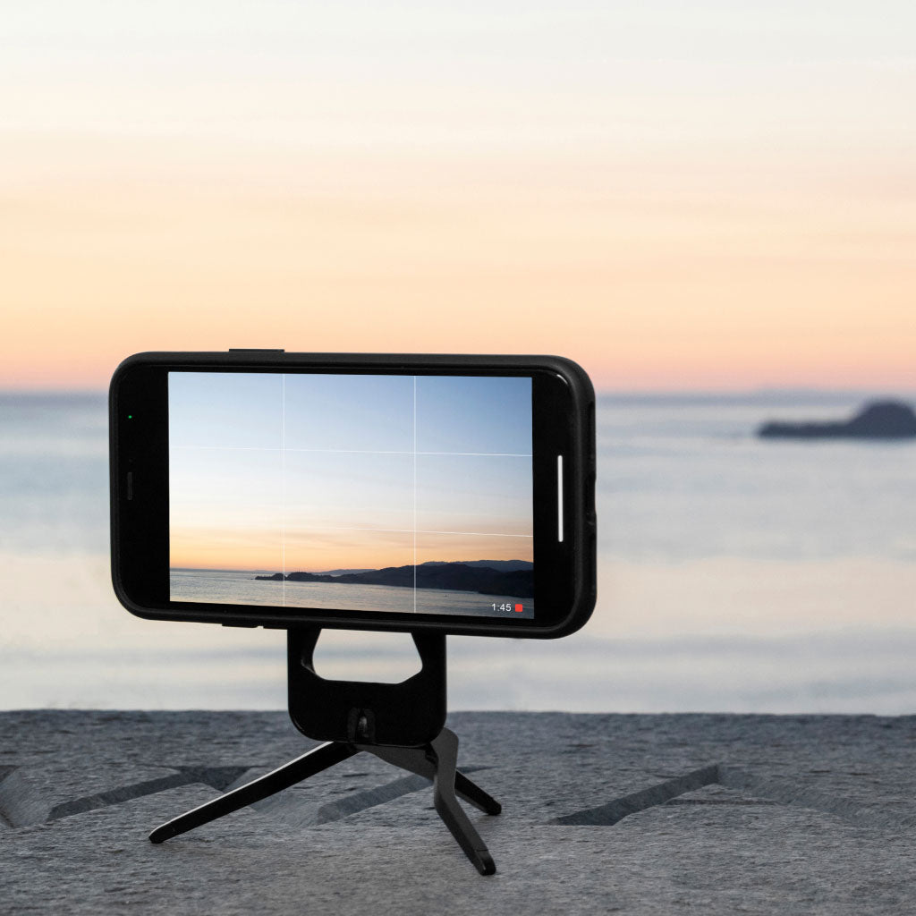 (image), Mobile tripod holding an iPhone while recording in landscape mode, M-TR-AA-BK-1