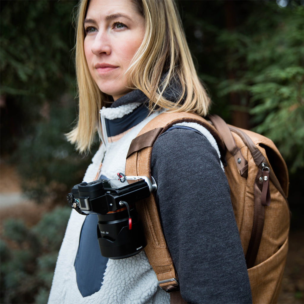 (image), Anne using her Silver Capture on her Everyday Backpack with a camera clipped on it, CP-S-3,  silver