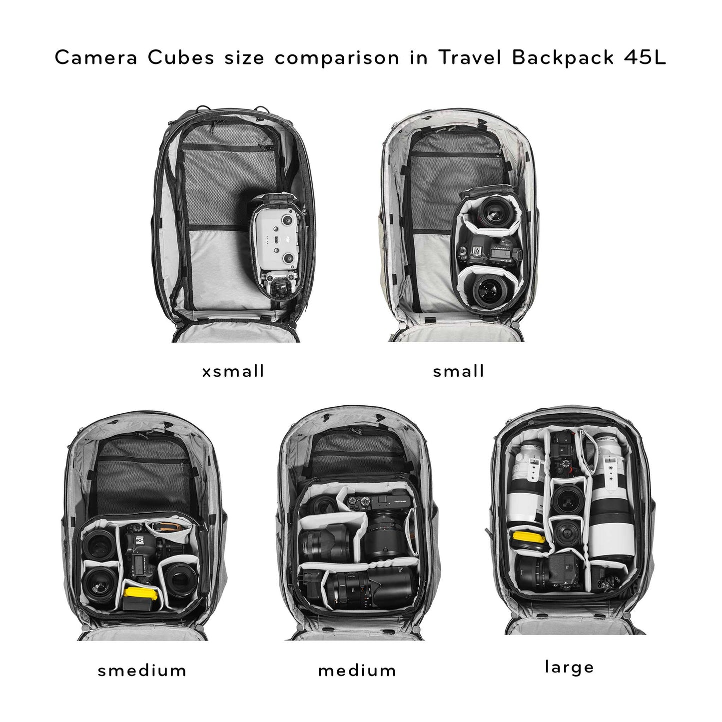 (image), Camera Cube V2 Size Comparison in a Travel 45L, BCC-XS-BK-2, BCC-S-BK-2, BCC-SM-BK-2, BCC-M-BK-2, BCC-L-BK-2, BCC-XS-BK-3, BCC-S-BK-3, BCC-SM-BK-3, BCC-M-BK-3, BCC-L-BK-3