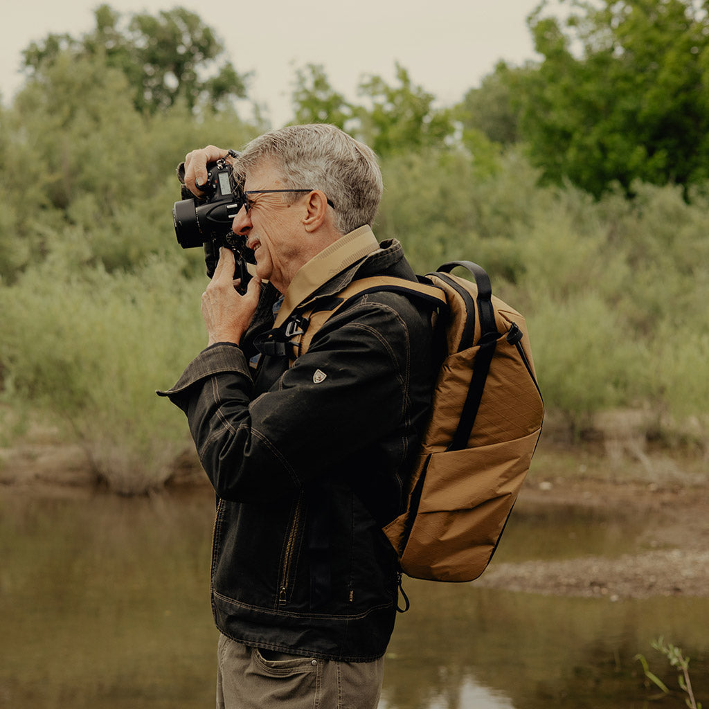 (image), Drew doing photoshoot while wearing his Coyote 30 Liters Everyday Backpack, BEDB-30-CY-3, coyote