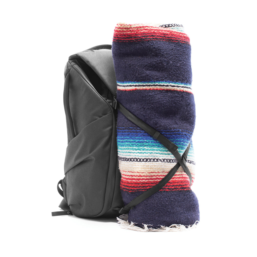 (image), carrying the blanket using the external carry straps of the everyday Backpack, BEDB-20-BK-2, BEDB-30-BK-2, black