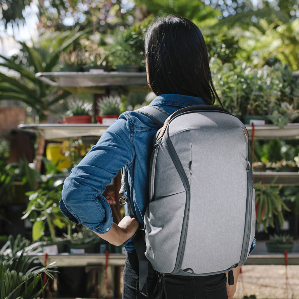 (image), Anne strolling wearing her Ash Backpack Zip, BEDBZ-15-AS-2, BEDBZ-20-AS-2