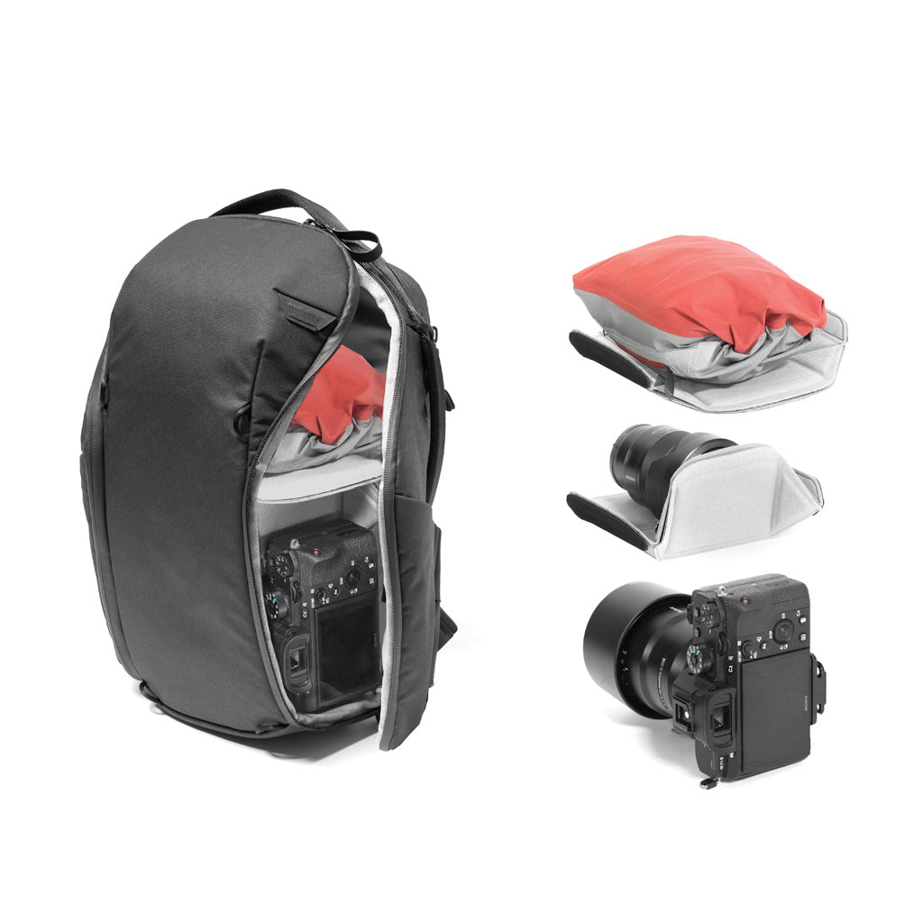 Flexfold dividers that creates storage for lens camera and other stuff inside the Black 15L backpack zip