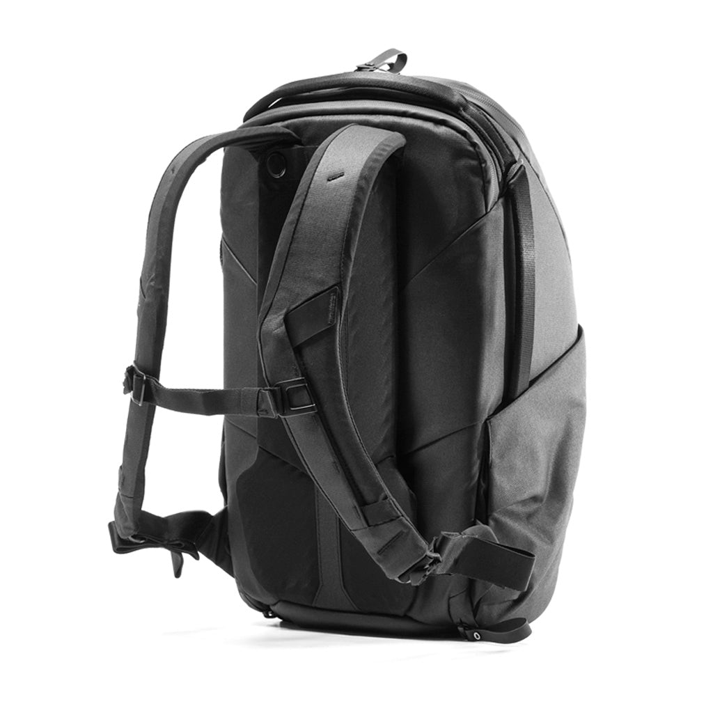 Sternum strap on the black backpack zip