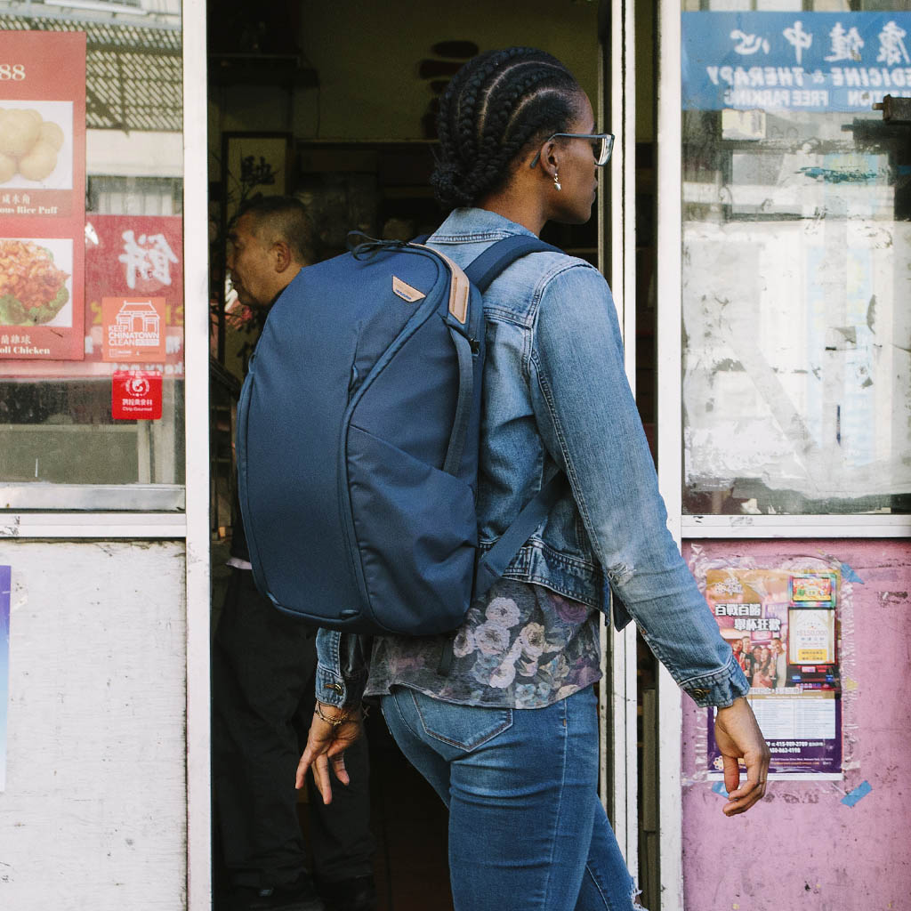 (image), Anne strolling down the street with her Midnight Everyday Backpack Zip, BEDBZ-15-MN-2, BEDBZ-20-MN-2