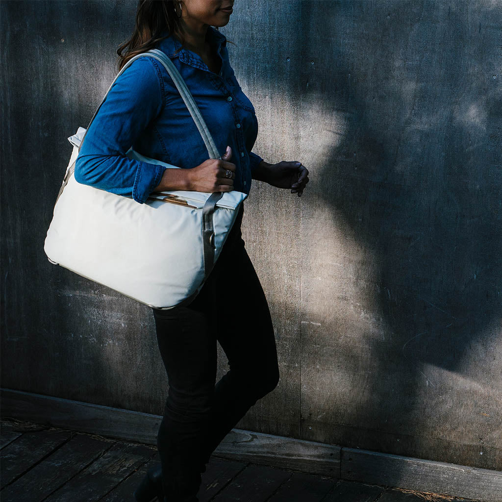 (image), Anne with her shoulder carry bone everyday tote, BEDT-15-BO-2