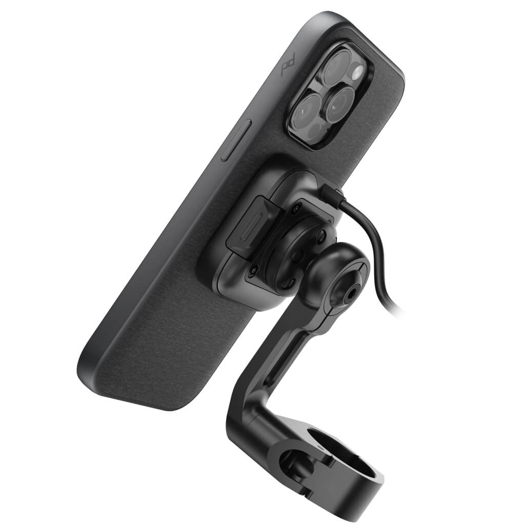 (image), Back of Motorcycle Bar Mount v2 Charging and Locking attached to mobile phone case, M-MM-AJ-BK-1