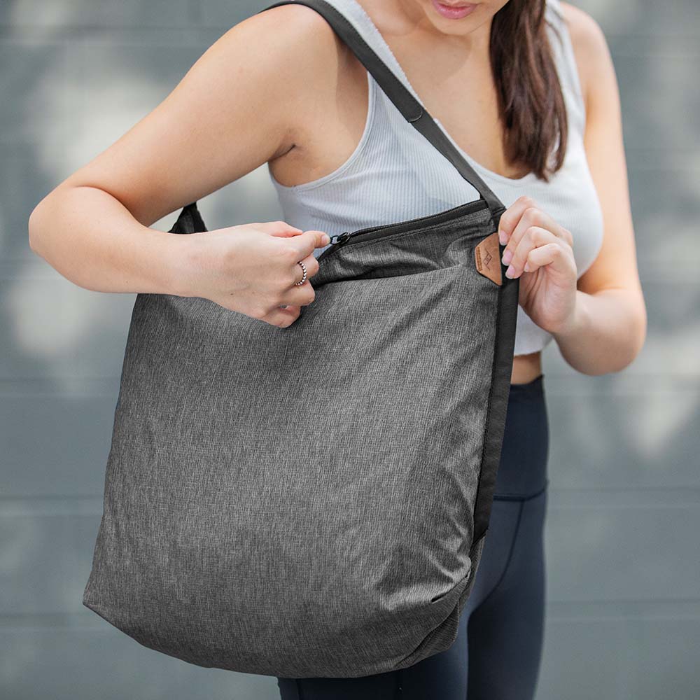 (image), Packable Tote being carried by woman, BPT-CH-1, charcoal