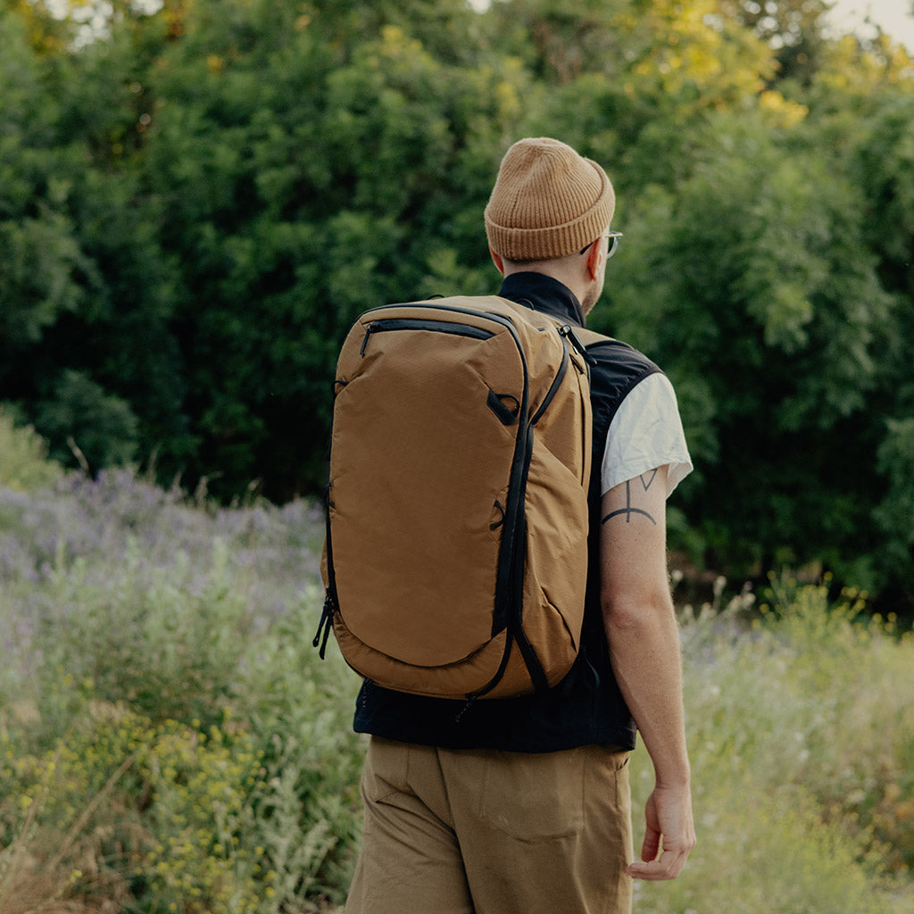 (image), Rob using his 45L Coyote Travel Backpack, BTR-45-CY-2, coyote