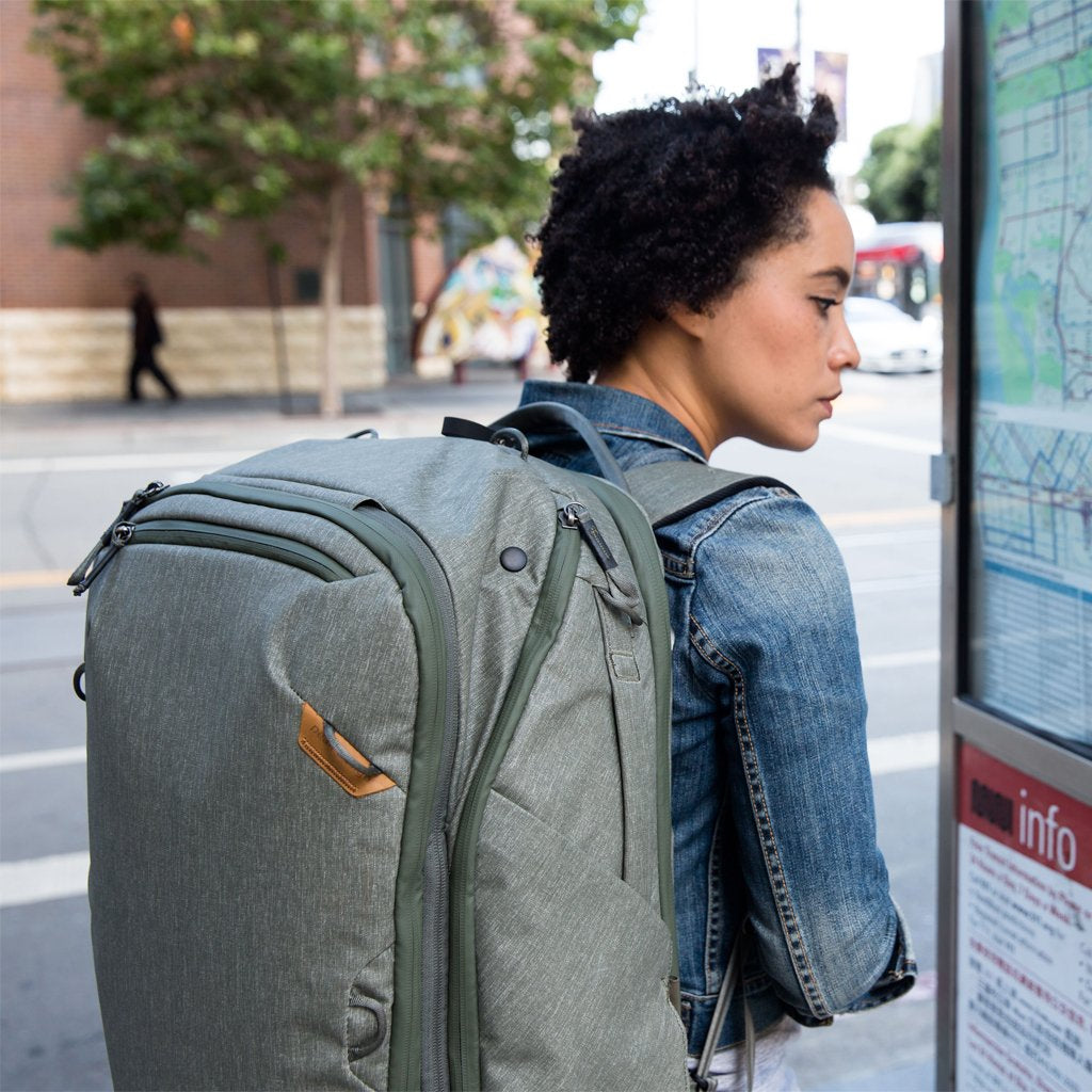 (image), Anne wearing the sage travel bag, BTR-45-SG-1, sage