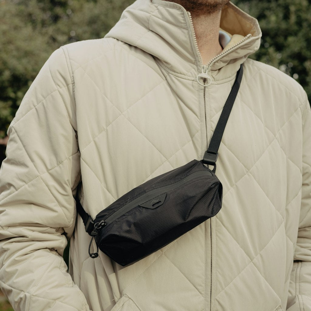 (image), A guy wearing the double extra small ultra light packing cube, BUP-BK-XXS-1